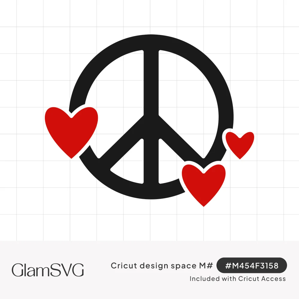 Black peace sign symbol with three red hearts overlapping the circle on the left and lower right
