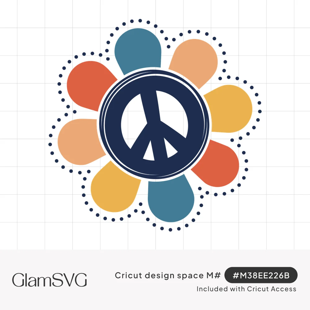 Retro flower with coral, peach, mustard and teal petals around a navy peace sign, edged with a dotted outline