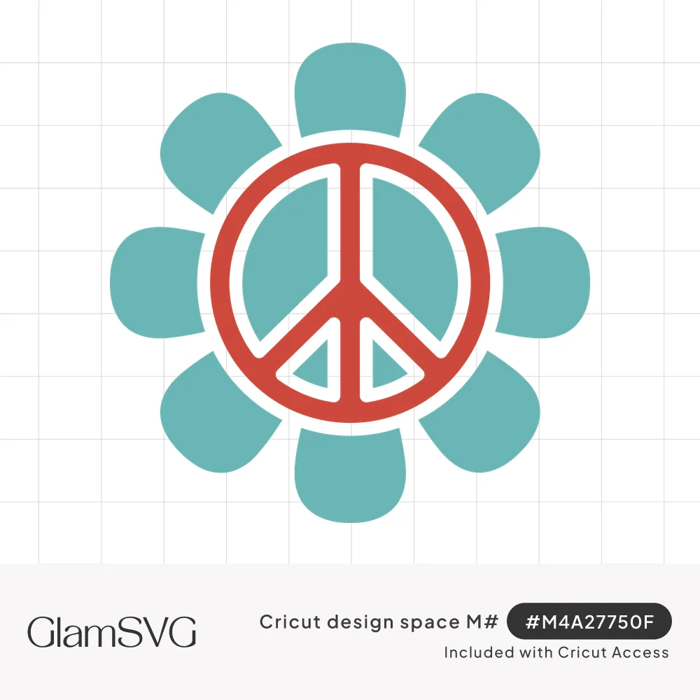 Teal flower with eight rounded petals surrounding a red peace sign in the center