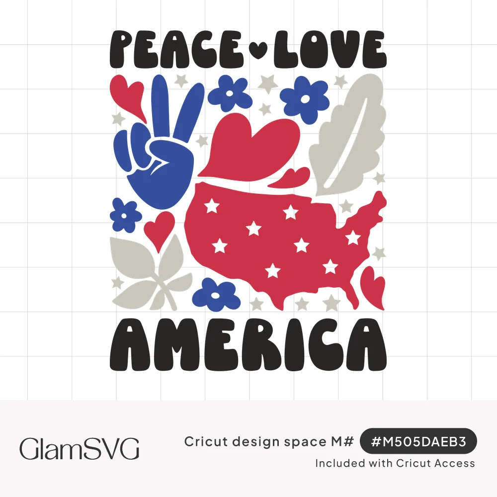 Retro Peace Love America lettering around a red starry US map, blue peace sign hand, hearts, flowers and gray leaves