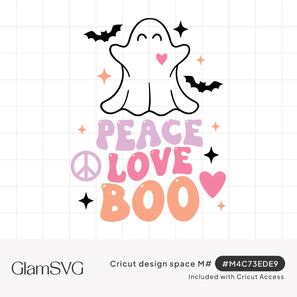 Smiling white ghost with a pink heart above pastel groovy Peace Love Boo lettering with bats, sparkles and a peace sign