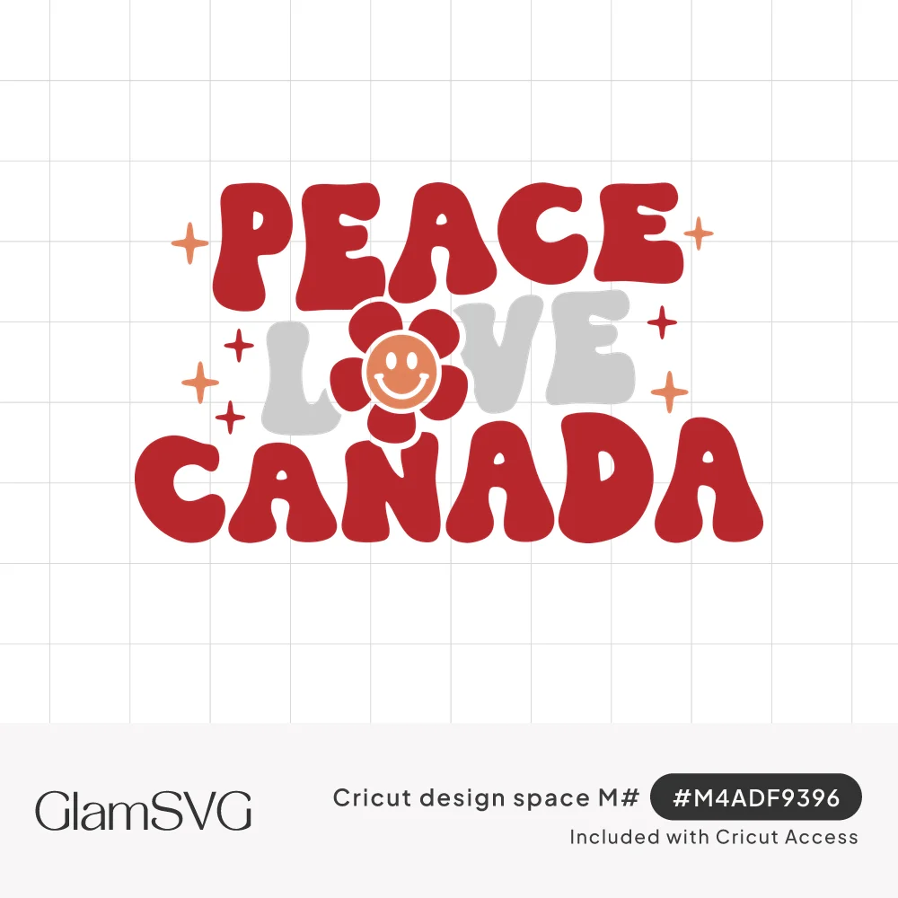 Retro red bubble letters reading Peace Love Canada with gray love, a smiling red flower and small sparkles