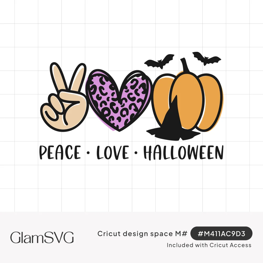 Peace sign hand, purple leopard print heart and orange pumpkin with witch hat and bats above Peace Love Halloween text