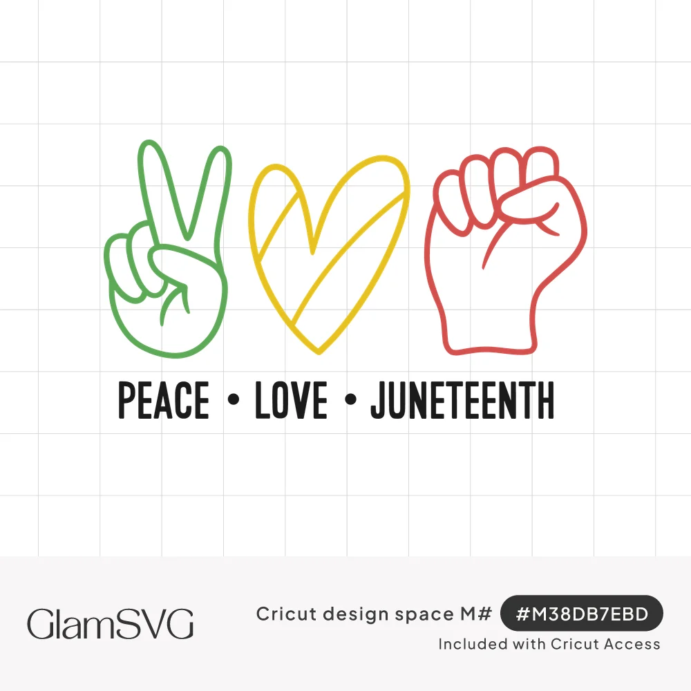 Green peace sign hand, yellow heart and red raised fist outlines above the words Peace Love Juneteenth in black block letters