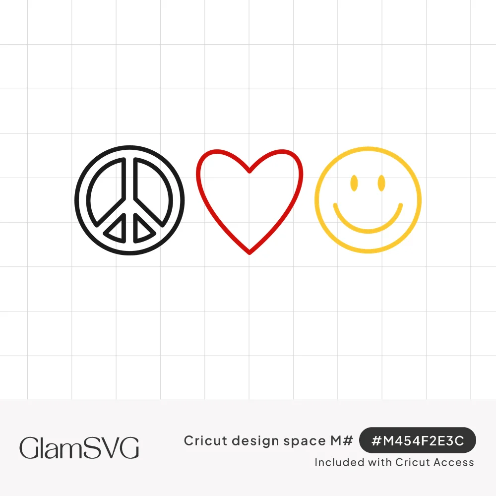 Outline icons in a row: black peace sign, red heart and yellow smiley face on a white background