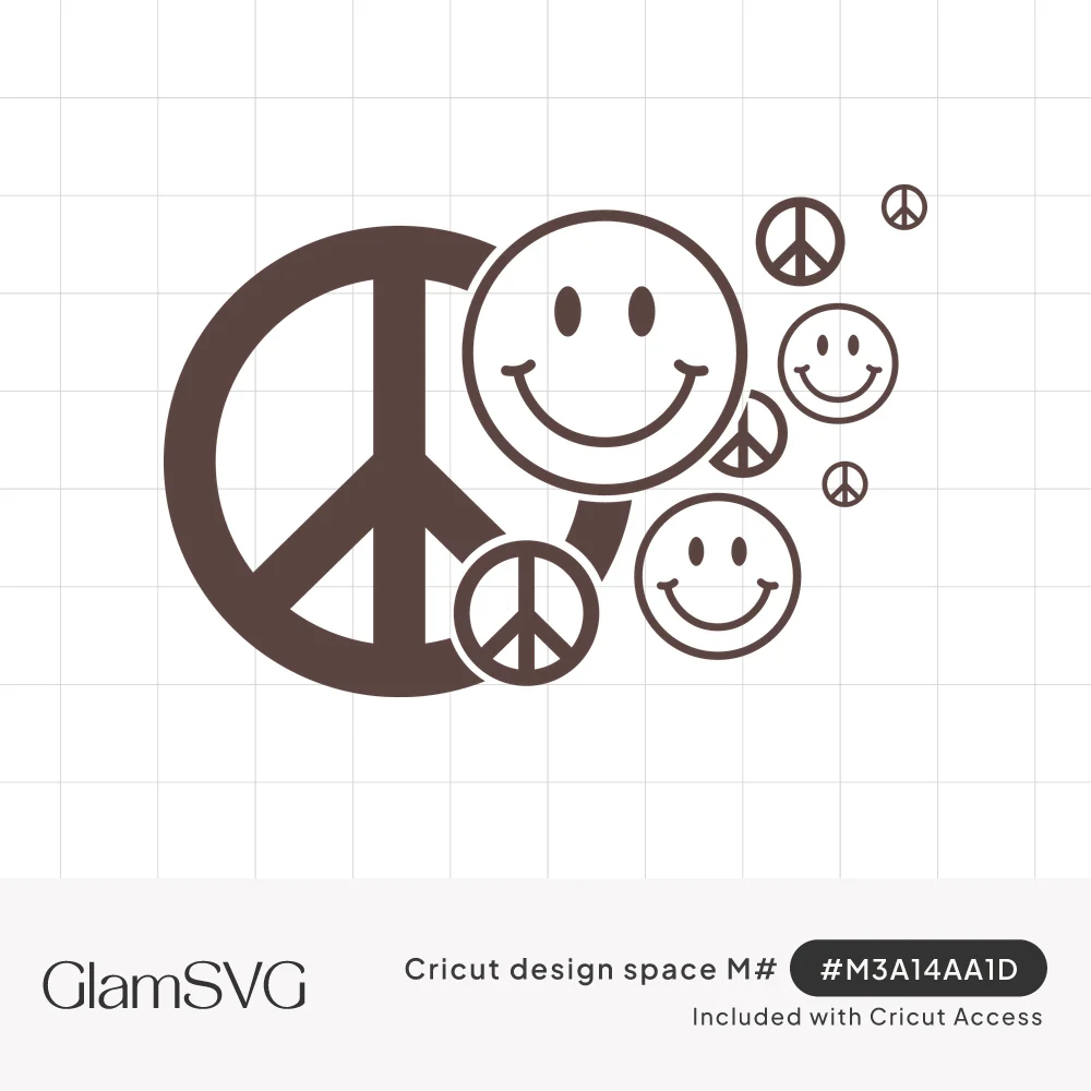 Large peace sign with smiley faces and smaller peace signs floating outward in one dark brown color