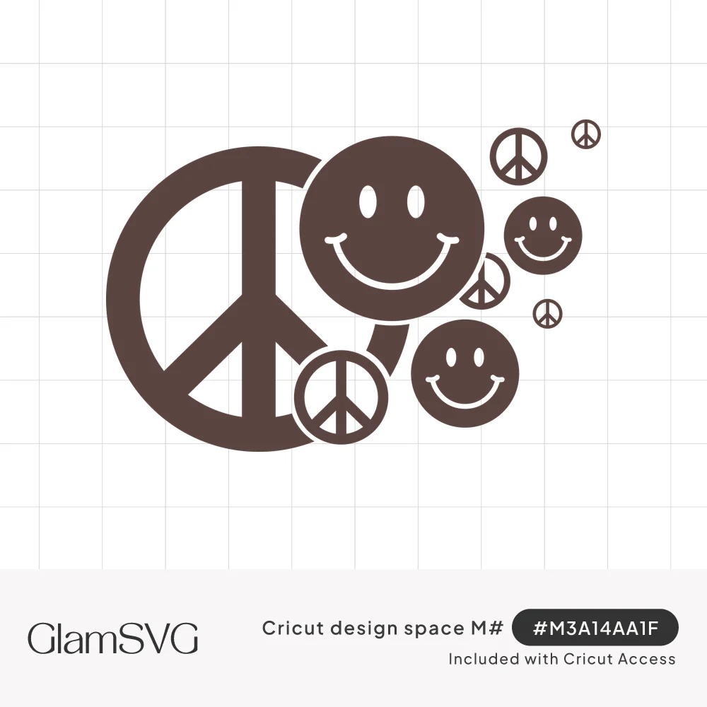 Large brown peace sign with smiley faces and small peace symbols floating up and away to the right in a cluster