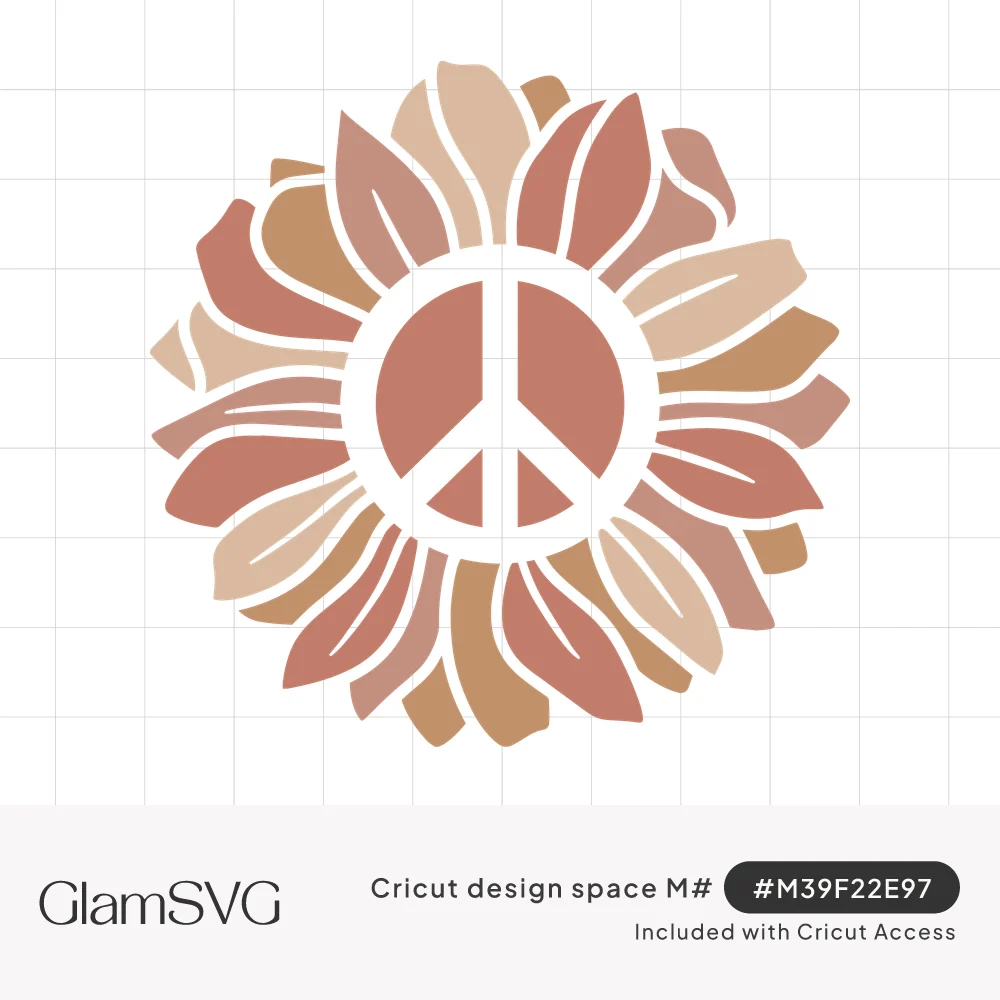 Layered sunflower with petals in terracotta, blush and tan tones surrounding a peace sign at the center