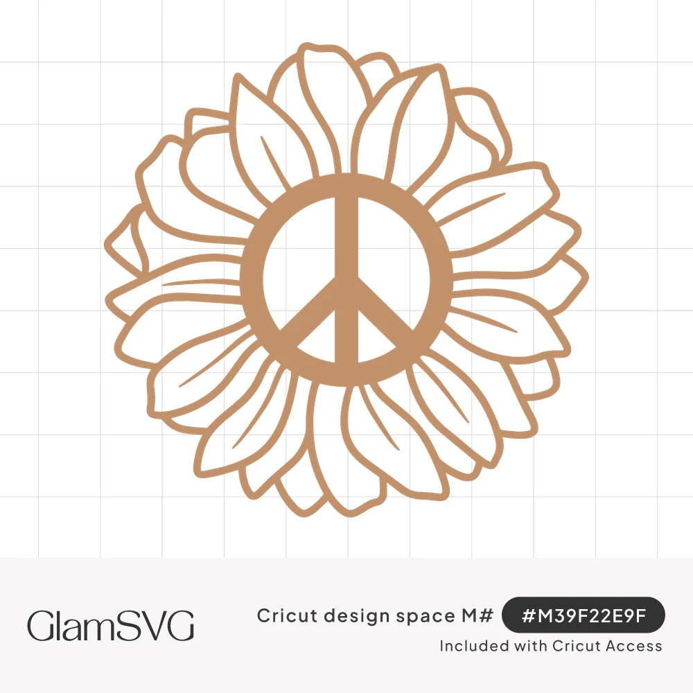 Outlined sunflower with layered petals and a solid peace sign in the center, drawn in warm tan line art