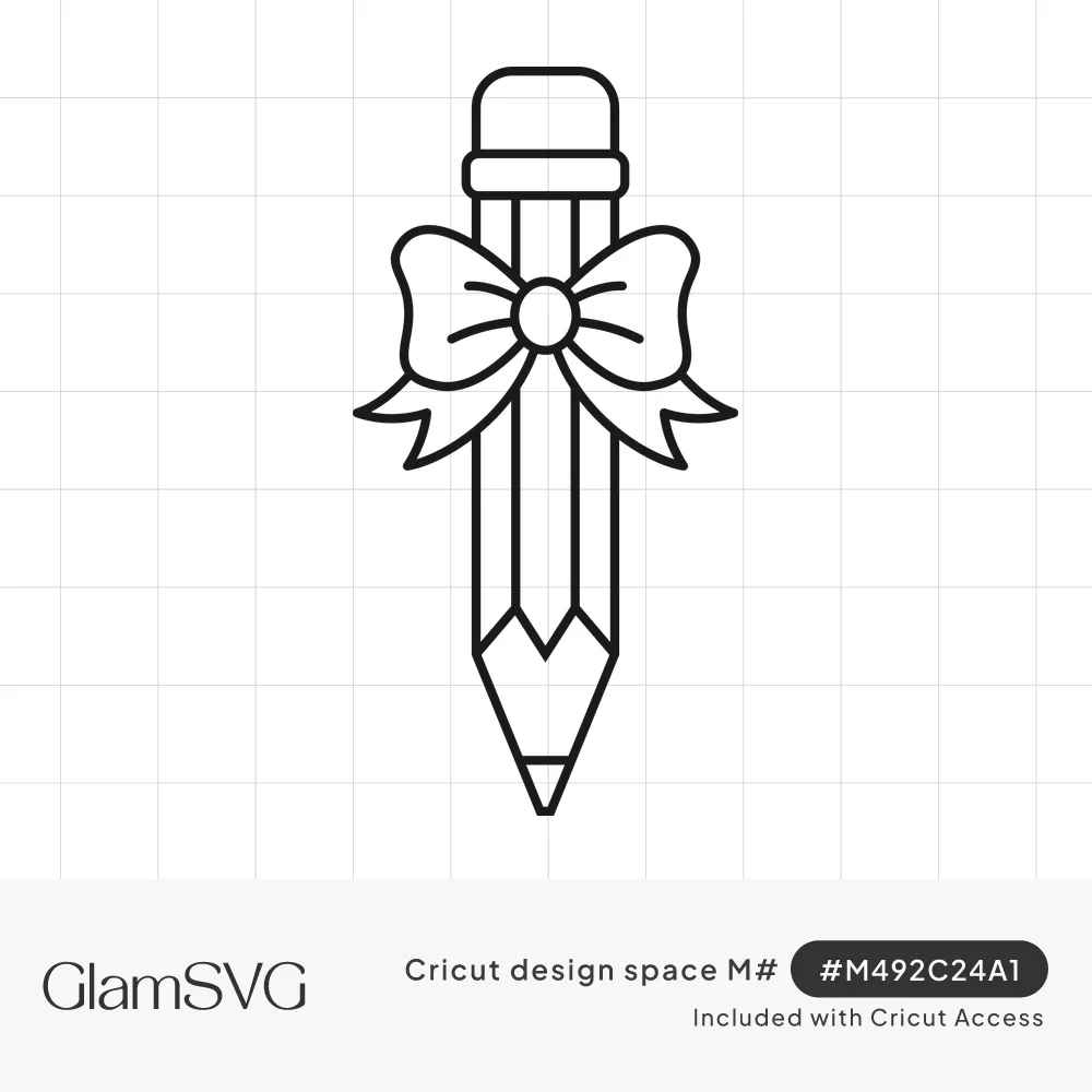 Black outline drawing of a sharpened pencil with an eraser, tied with a large ribbon bow around its middle