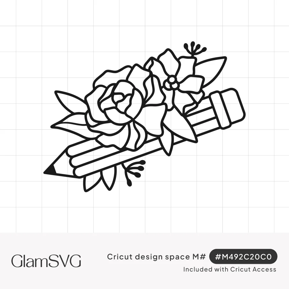 Black line art of a pencil wrapped in a bouquet of roses, blossoms and leaves