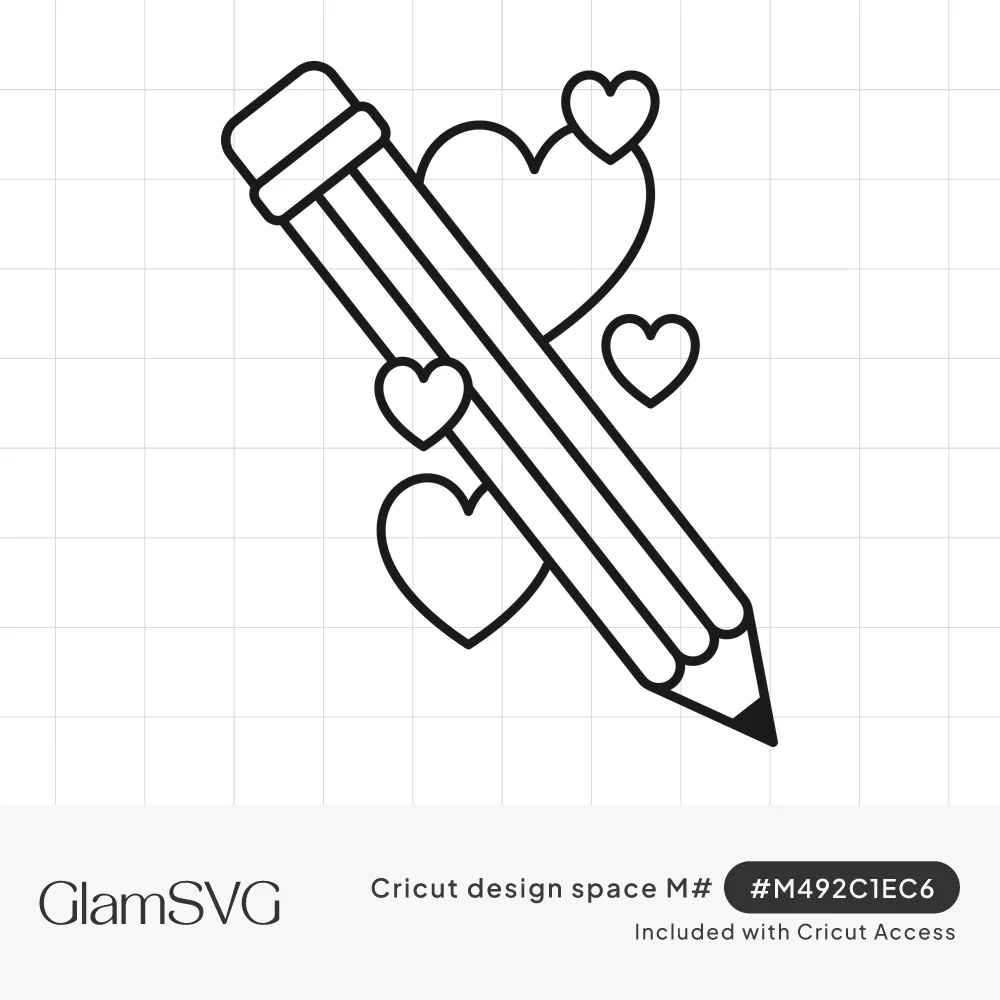 Black outline drawing of a sharpened pencil with an eraser, set diagonally among five open hearts of different sizes