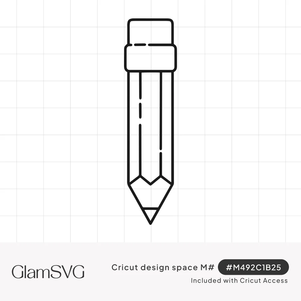 Black line drawing of an upright pencil with an eraser, dashed lines on the barrel and band, and a sharpened tip