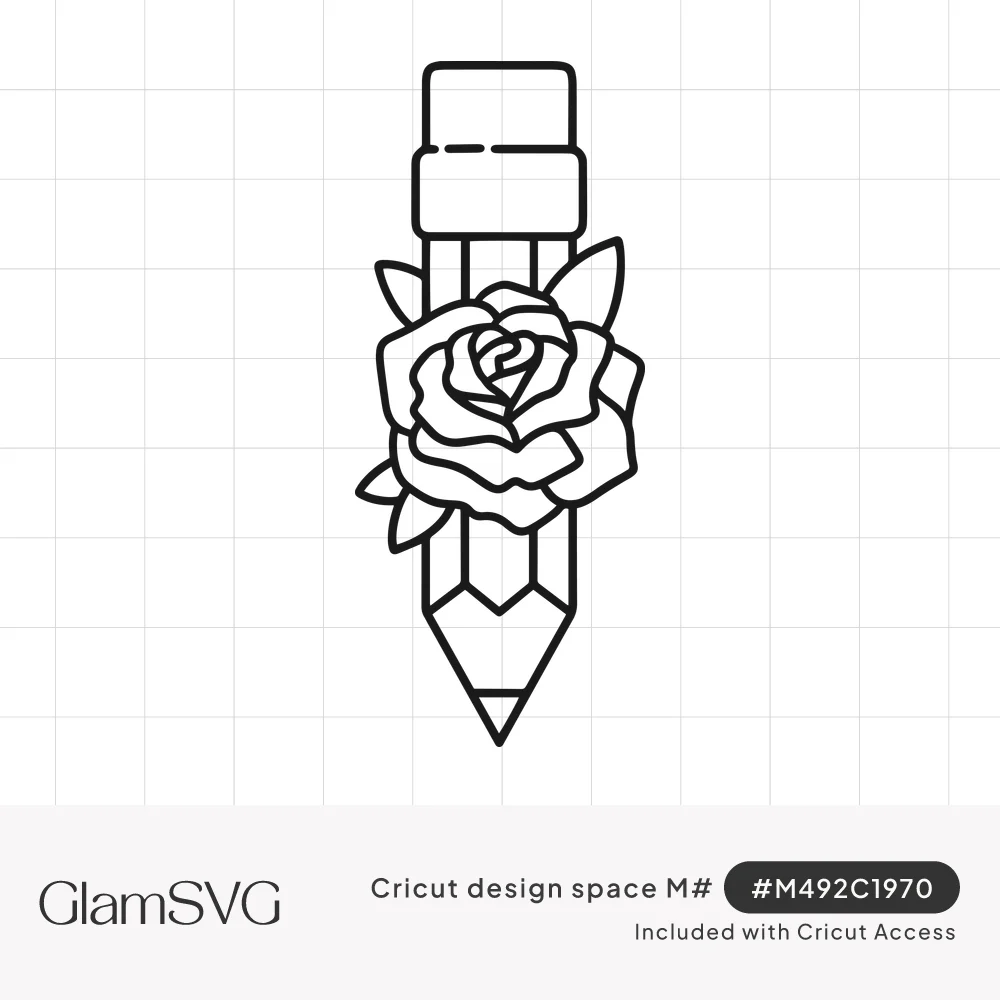 Black line art of an upright sharpened pencil with a large blooming rose and leaves across its middle