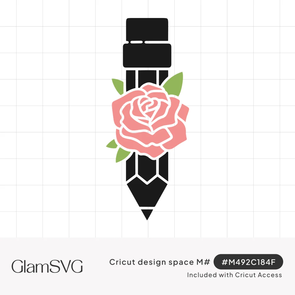 Black pencil illustration with a pink rose and green leaves blooming across its center