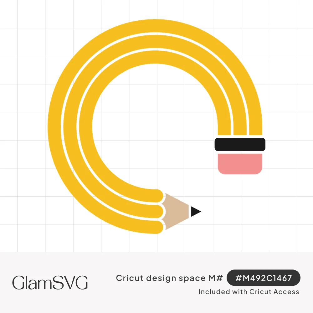 Yellow pencil bent into an open circle with a sharpened tip and a pink eraser with a black band