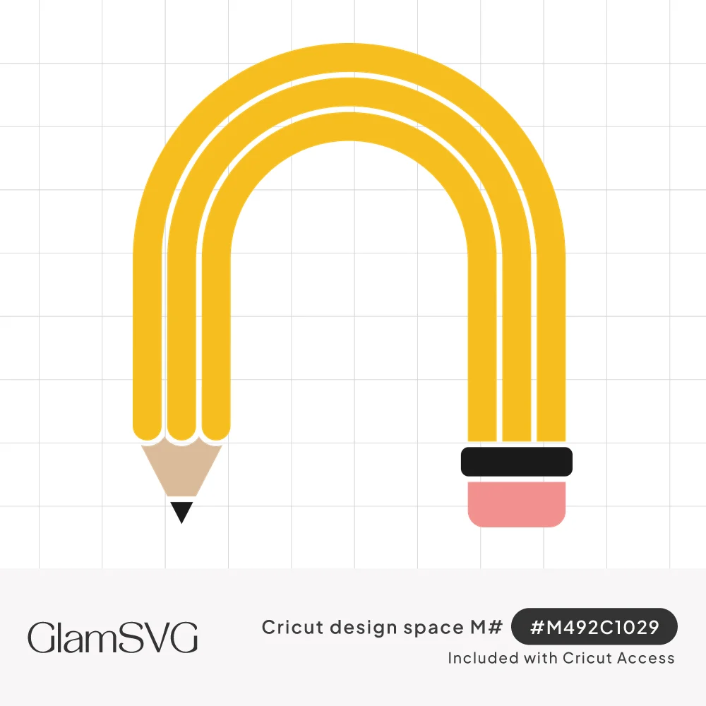 Yellow striped pencil bent into a rainbow arch with a sharpened tip on the left and a pink eraser on the right