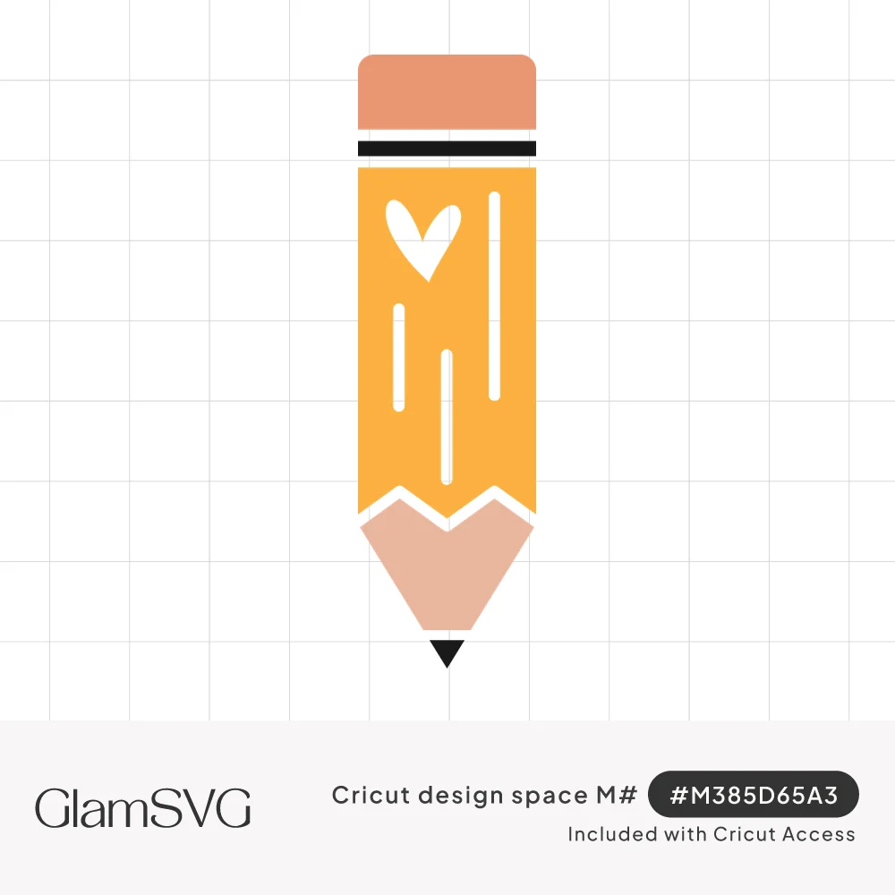 Orange pencil with a pink eraser, black band, small white heart and sharpened peach tip with a black point
