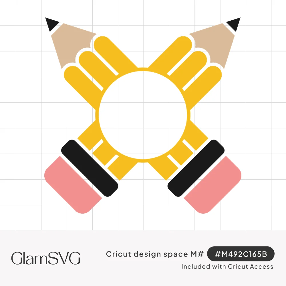 Two crossed yellow pencils with pink erasers and black tips forming an X around a blank circle for a monogram