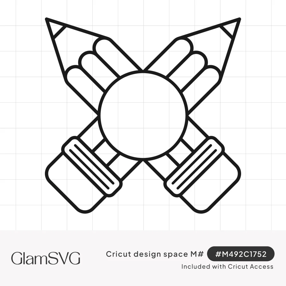 Black outline drawing of two crossed pencils with erasers framing a blank circle in the center for a name or monogram