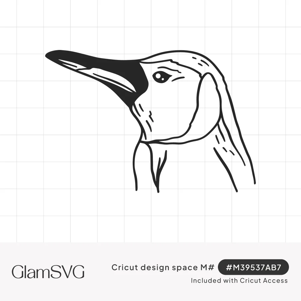 Black line drawing of a penguin head in profile with a long solid black beak and sketched feather details