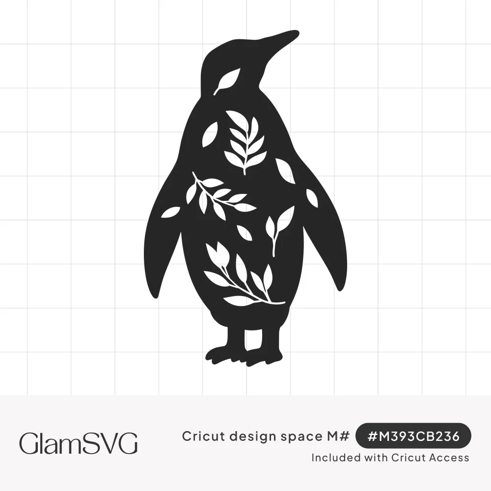 Black penguin silhouette standing in profile with white leaf sprigs and petals cut out of its body