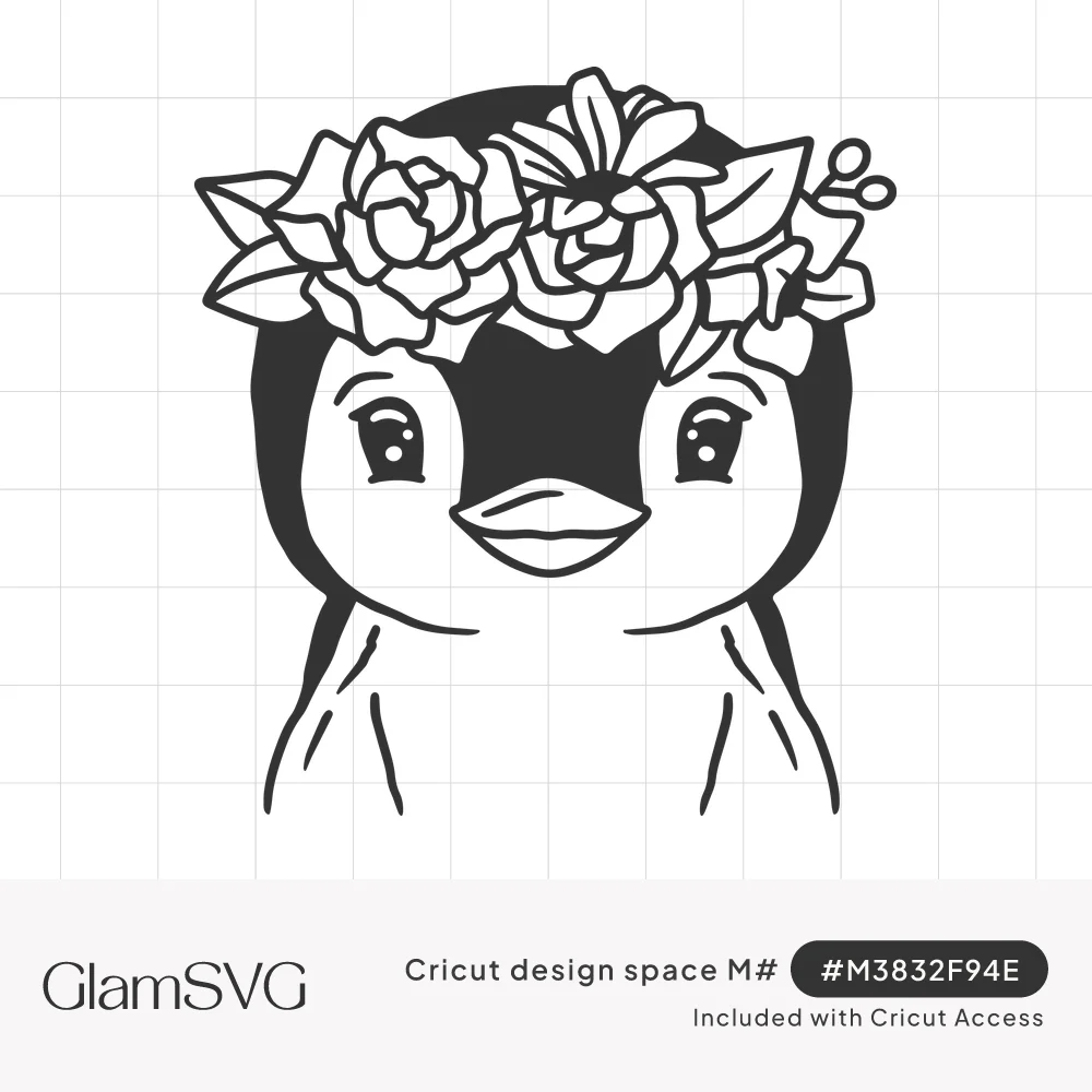 Black line art of a cute penguin with big lashed eyes wearing a crown of roses, leaves and berries