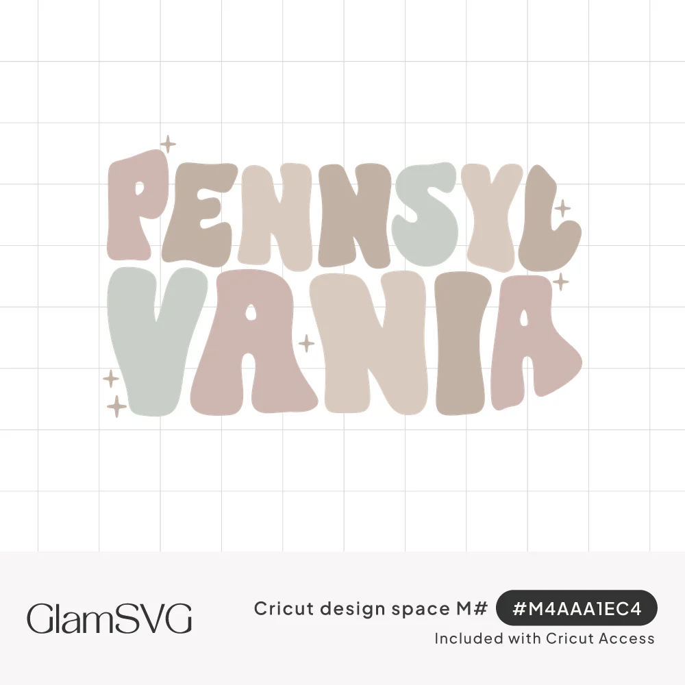 Pennsylvania in wavy retro bubble letters in blush, taupe, cream and sage with small sparkles around the word