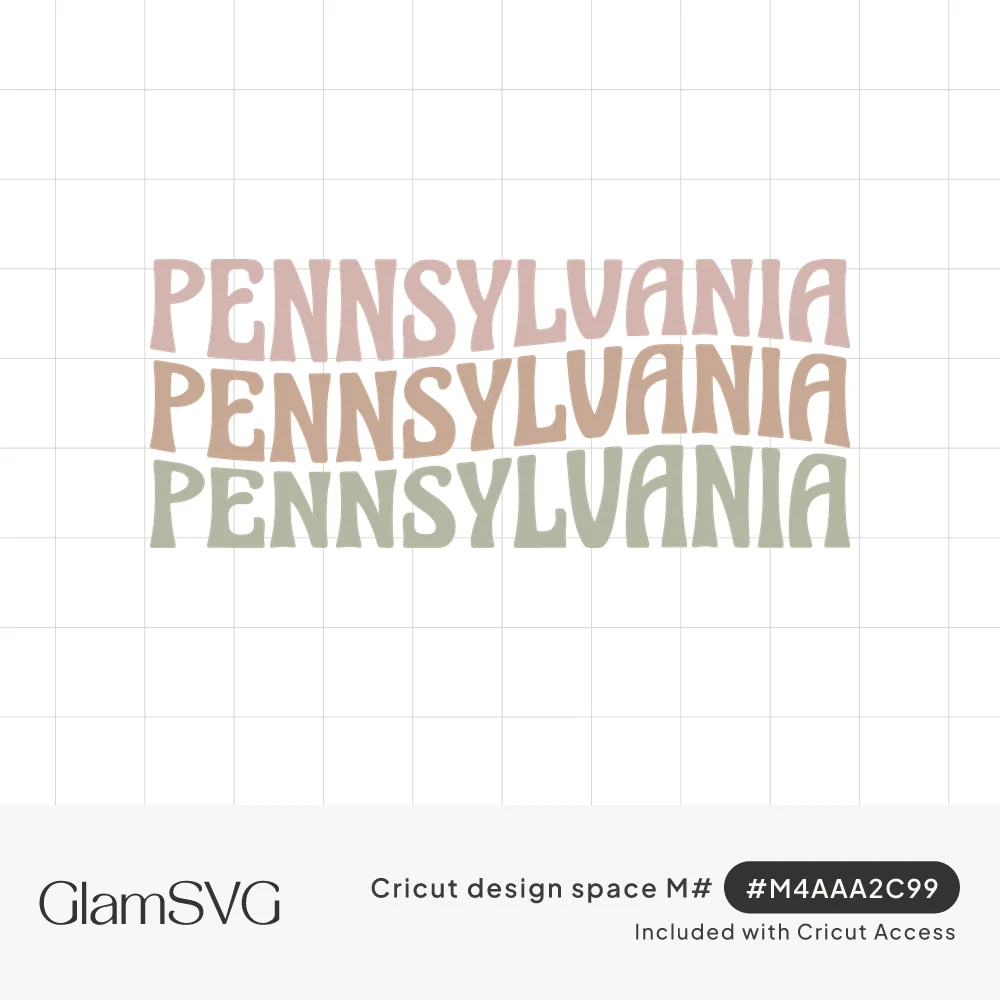 The word Pennsylvania repeated three times in wavy retro letters in dusty pink, tan and sage green