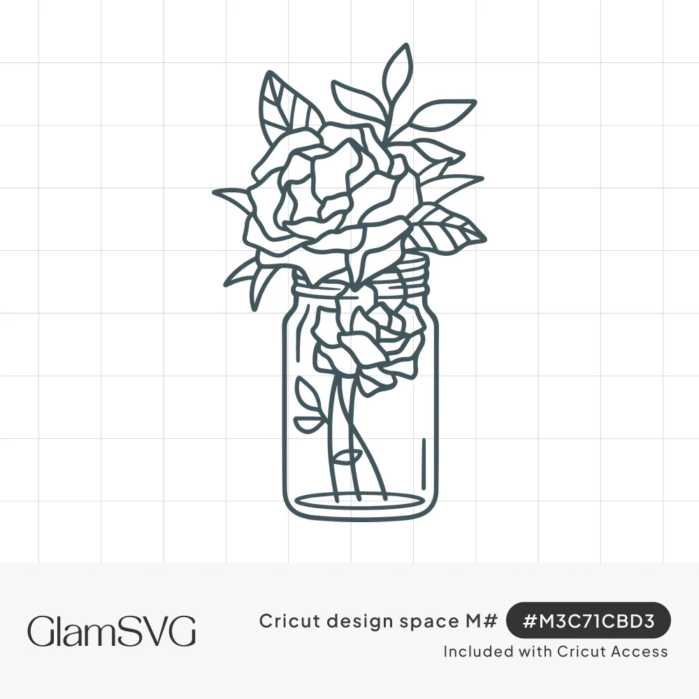 Line drawing of peony blooms and leaves in a mason jar, stems and one flower visible through the glass