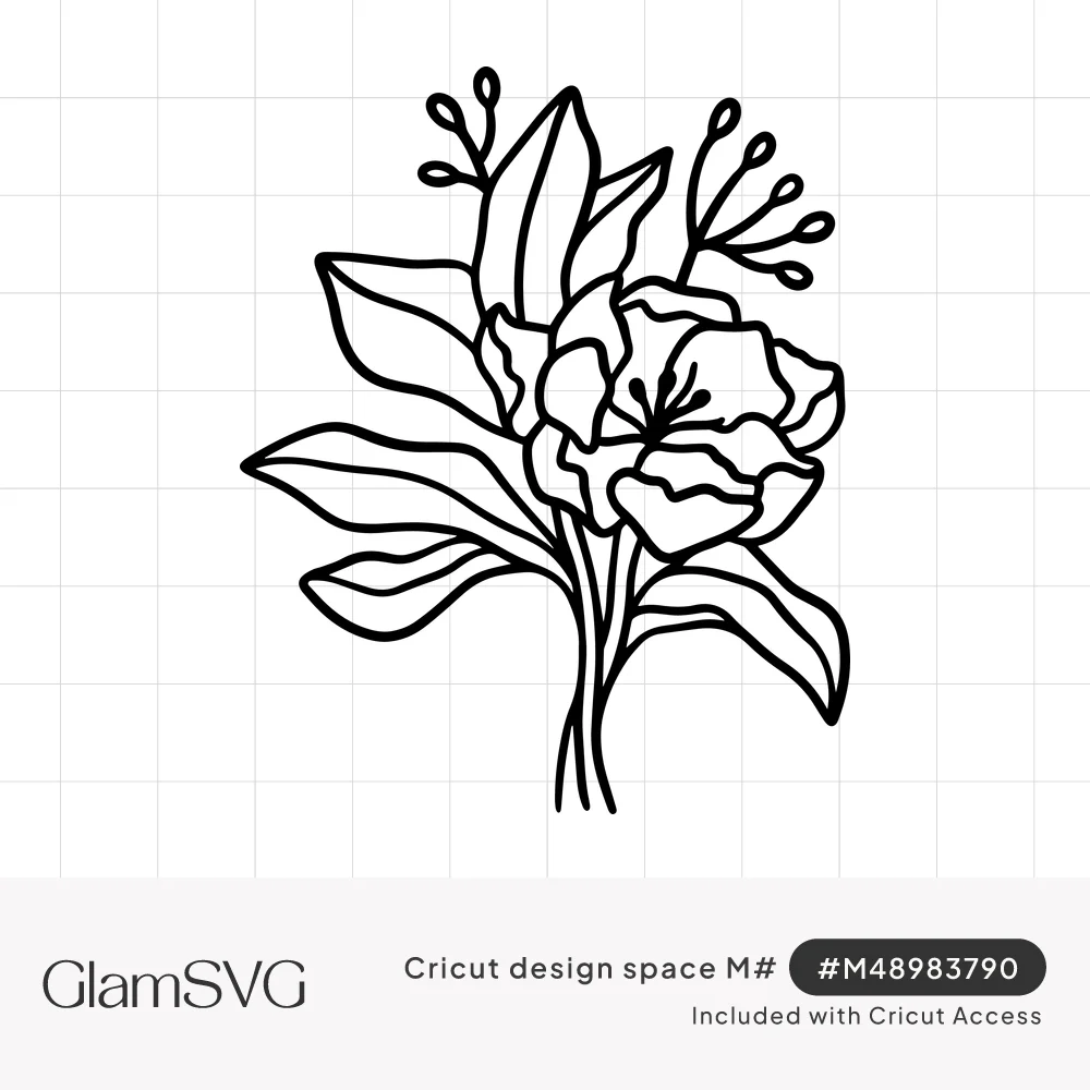 Black outline drawing of a peony flower with long leaves and small budded sprigs gathered in a bouquet