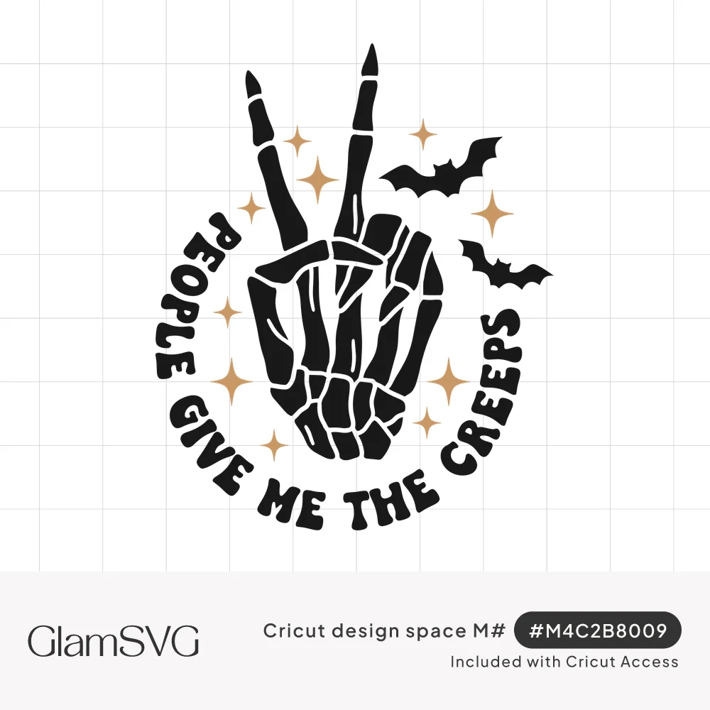 Skeleton hand making a peace sign with bats and sparkles, circled by the words People Give Me the Creeps