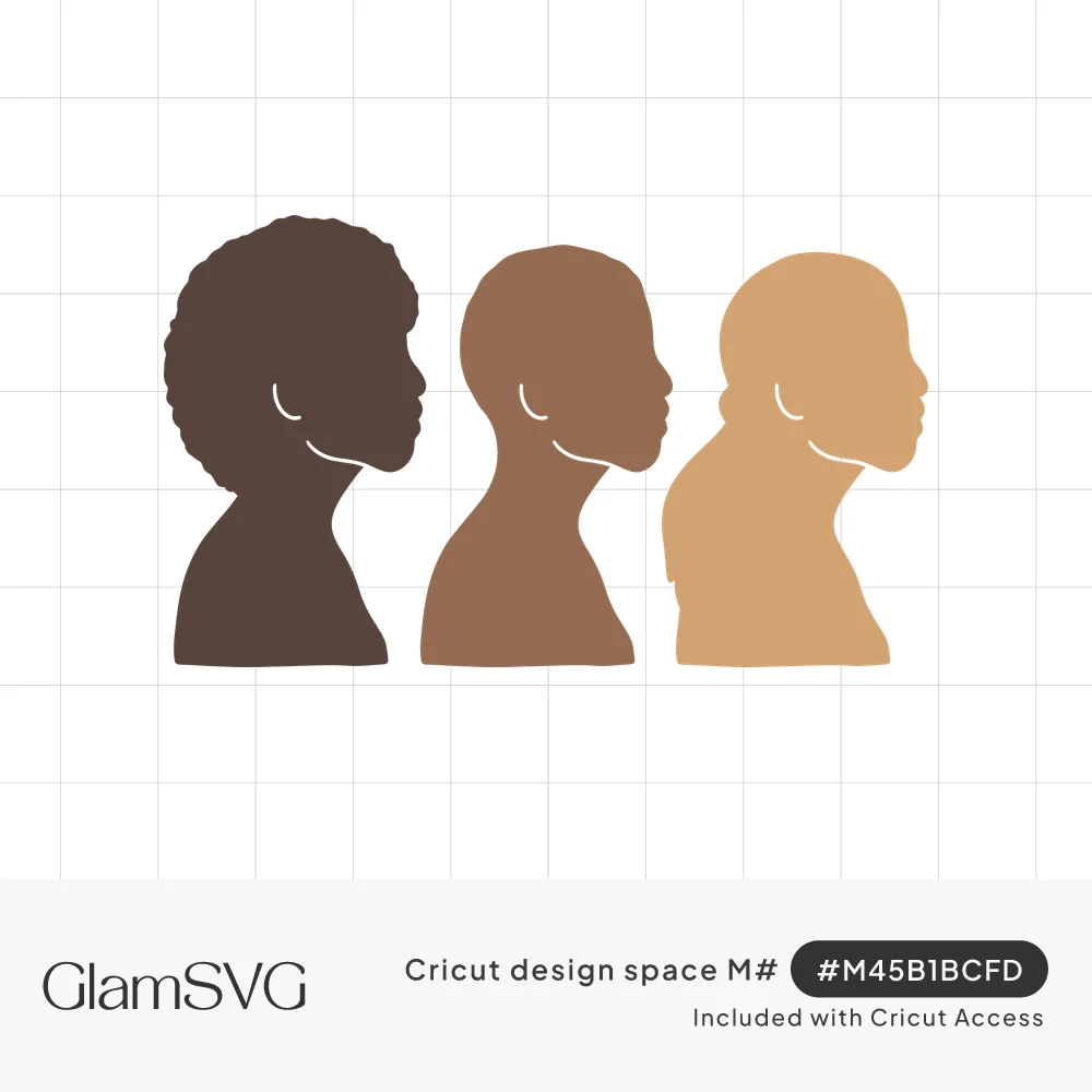 Three side-profile head and shoulder silhouettes in dark brown, medium brown and light tan skin tones facing right