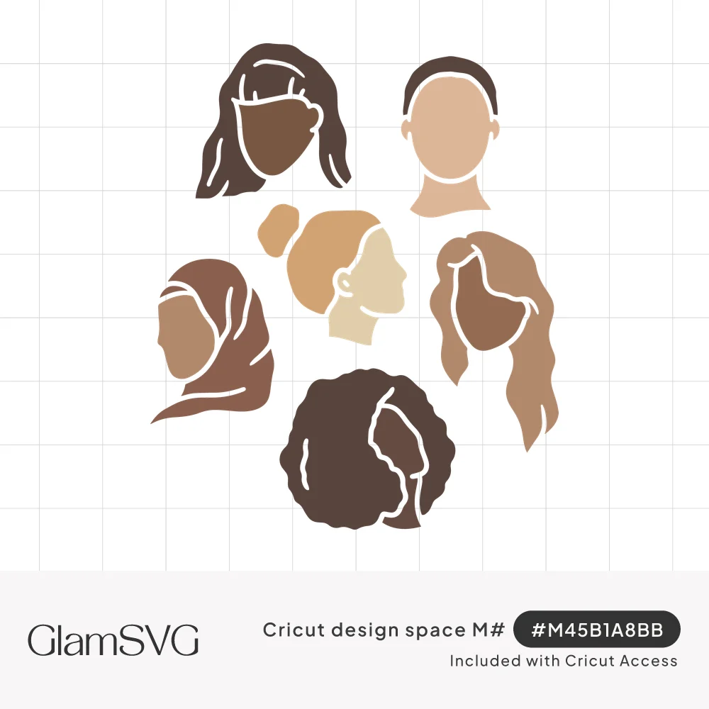 Six faceless women's heads in varied brown skin tones with long hair, a bun, a hijab and curly hair, outlined in white