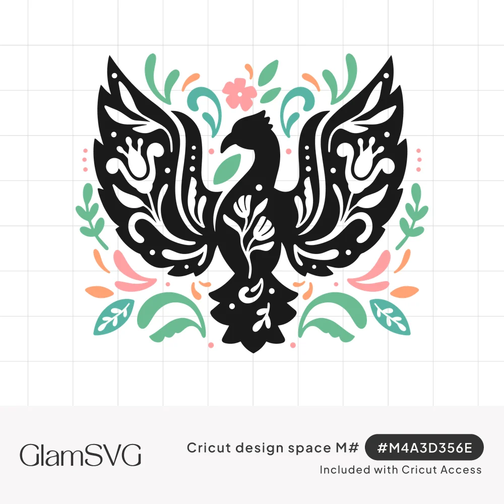 Black silhouette phoenix with spread wings and floral cutouts, surrounded by mint, coral and peach leaves and a pink flower
