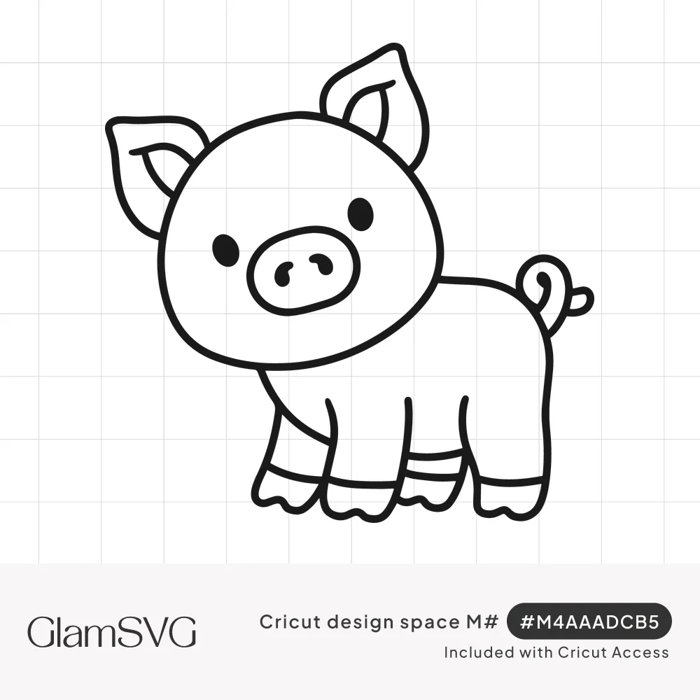 Black outline drawing of a cute standing piglet with big ears, round snout, dot eyes and a curly tail