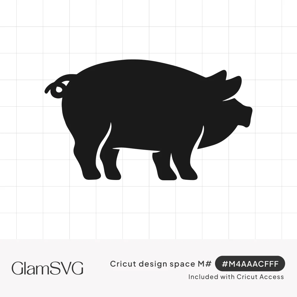 Solid black silhouette of a pig in side profile with a curly tail, floppy ears and an upturned snout