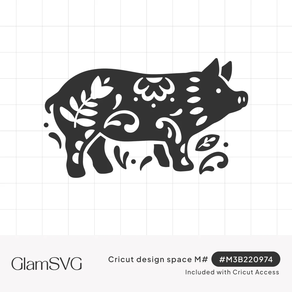 Black pig silhouette decorated with cut-out folk art flowers, leaves and swirls, with small leaf sprigs around its feet