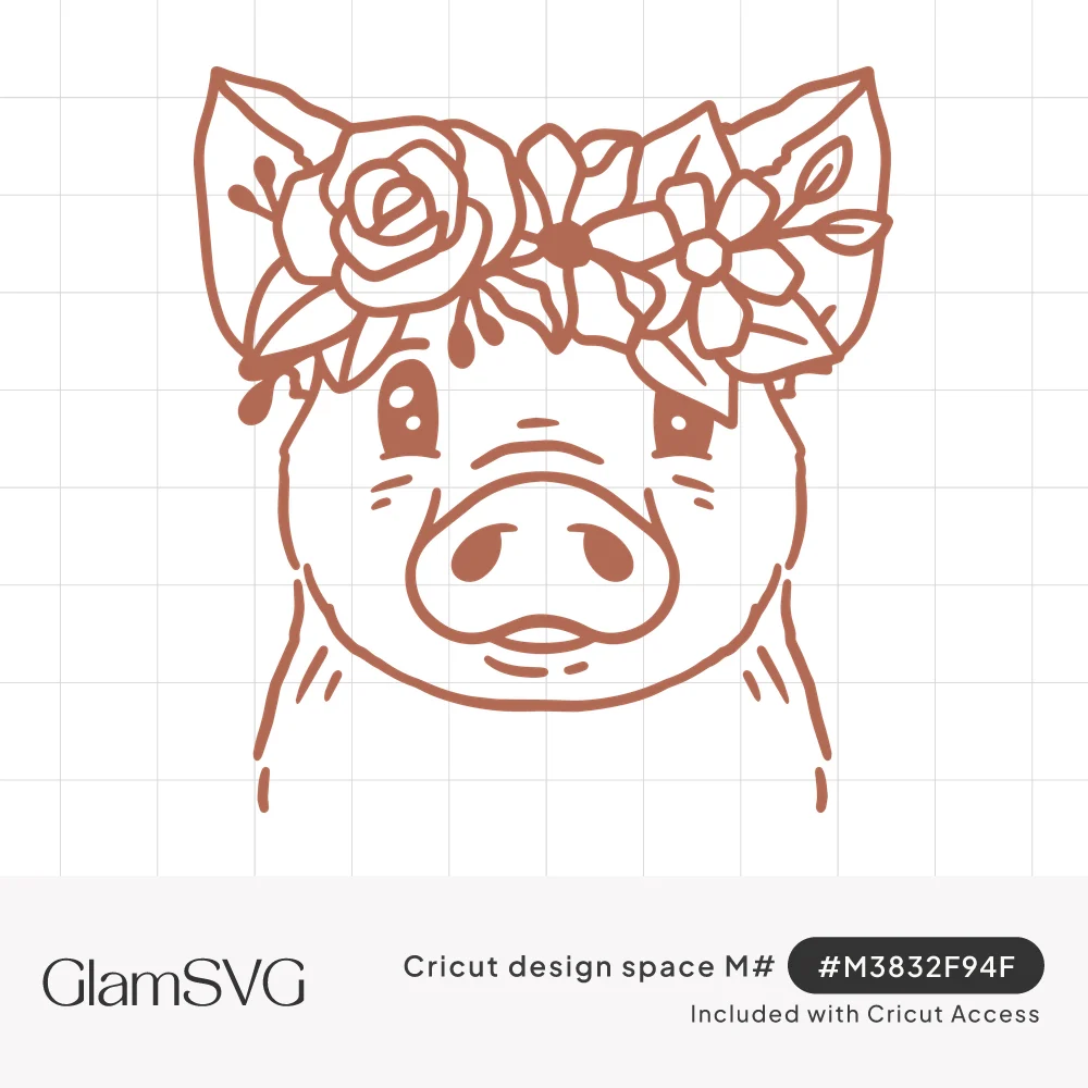 Line art pig face with a flower crown of roses, blossoms and leaves between its ears, drawn in copper brown