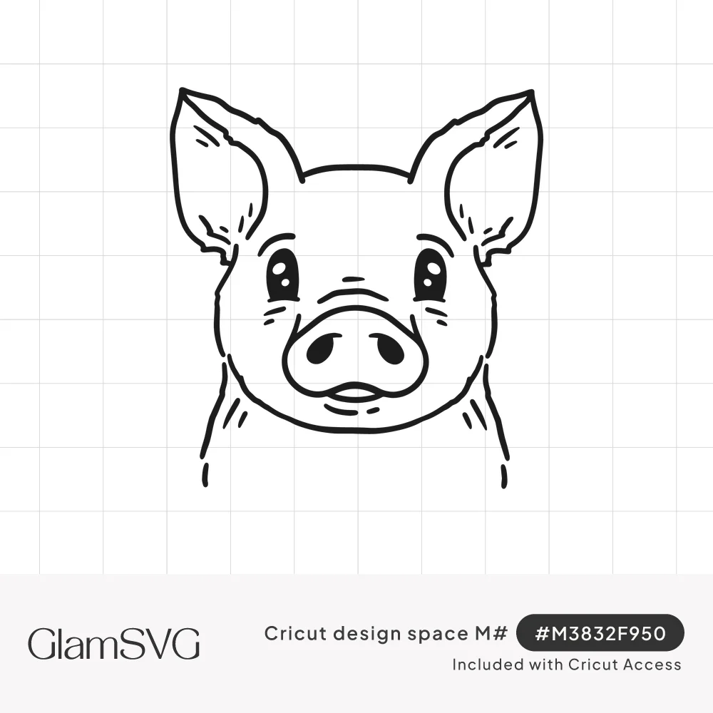 Black line drawing of a cute pig face with large eyes, pointed ears and a round snout, facing forward