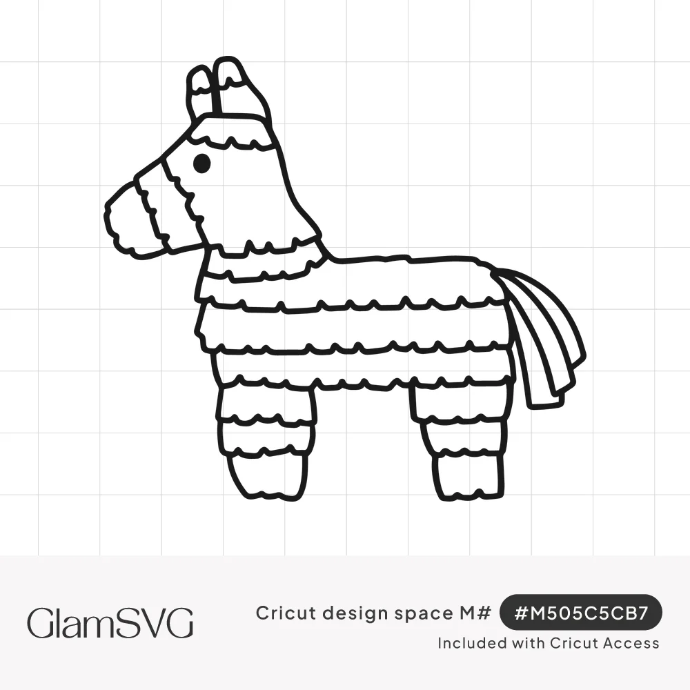 Black outline drawing of a donkey piñata with layered scalloped fringe, upright ears and a streamer tail