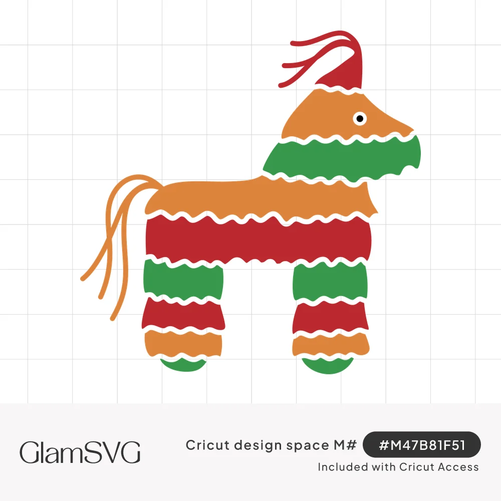 Donkey piñata illustration with ruffled orange, green and red stripes, a red tassel on its head and an orange tail