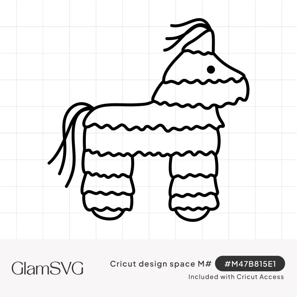 Black outline drawing of a donkey piñata with wavy fringe stripes, a tassel tail and a tufted mane