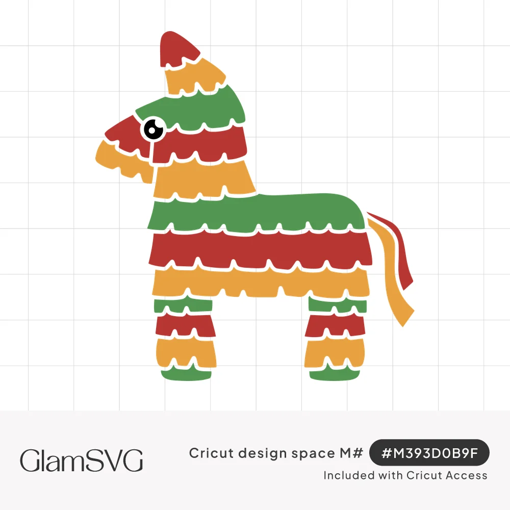 Donkey piñata illustration with fringed red, green and orange stripes, a round eye and a streamer tail