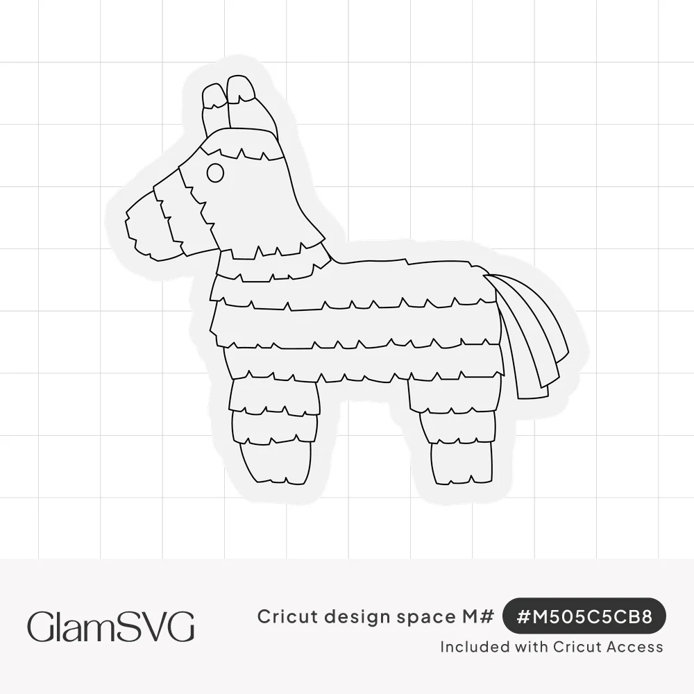 Outline drawing of a donkey piñata with layered fringe rows and a tail, surrounded by a sticker-style offset border