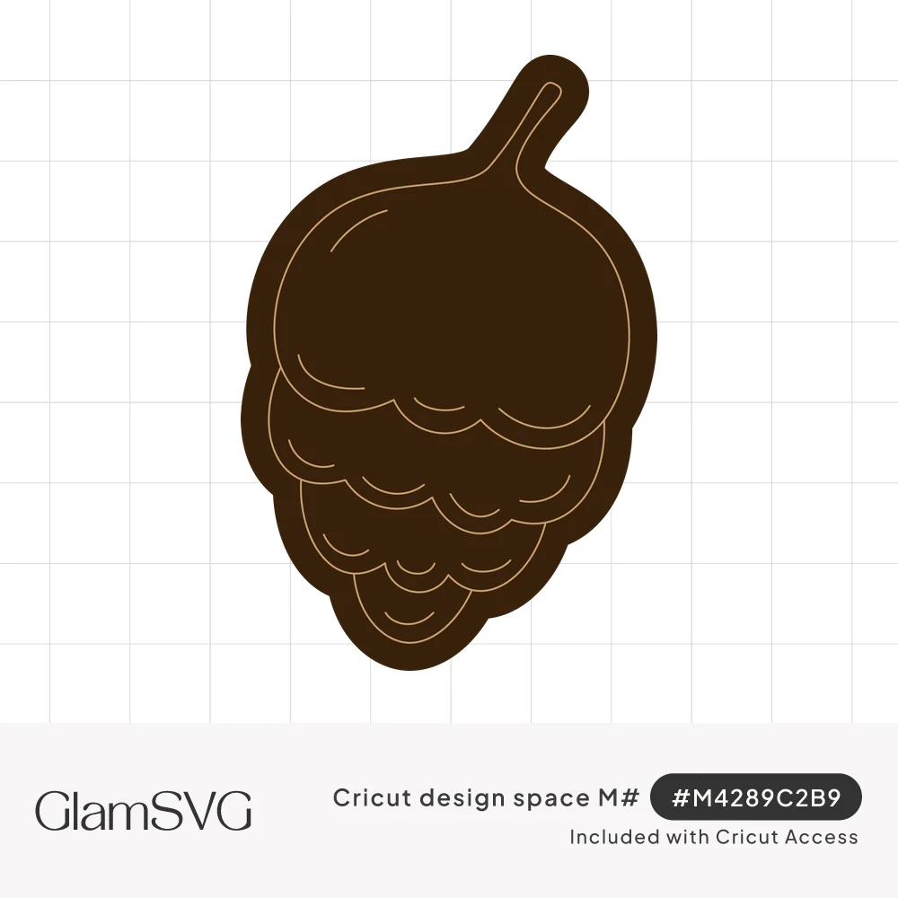 Dark brown pine cone silhouette with thin golden outlines on its layered scales and a curved stem