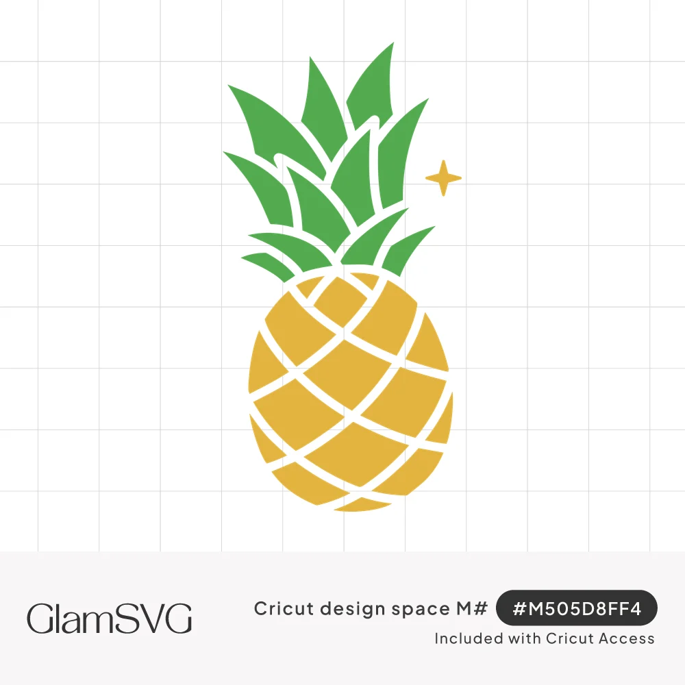 Yellow pineapple with diamond crosshatch pattern, green spiky leaves and a small gold sparkle star