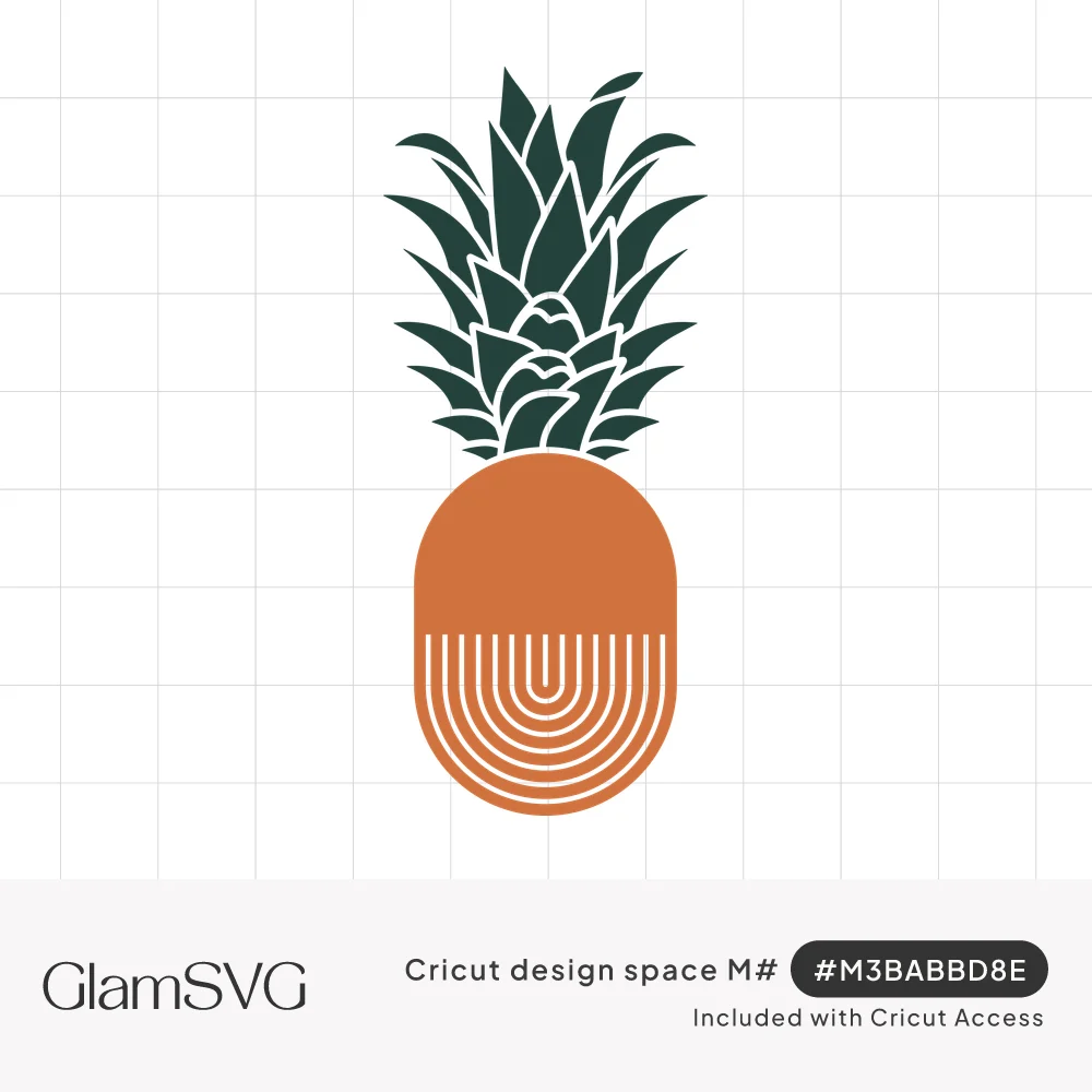 Stylized pineapple with dark green leafy crown and terracotta oval body featuring white nested arch lines