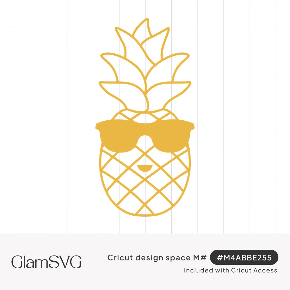 Yellow line-art pineapple with a leafy crown wearing solid sunglasses and a small smile