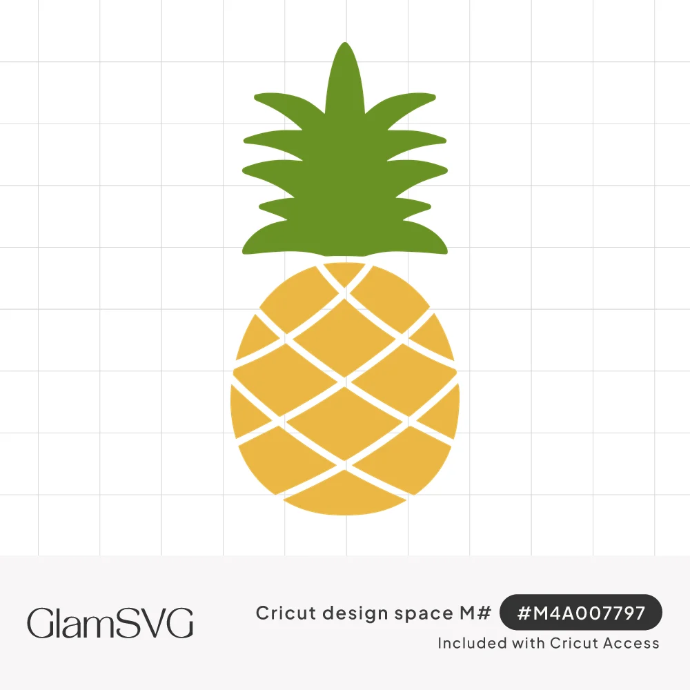 Yellow pineapple with white crosshatch lines and a green spiky leaf crown on a white background